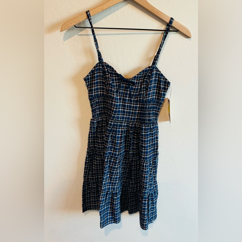 No Boundaries Women’s Plaid Y2K Babydoll Skater Preppy Bow Dress Size XS Pockets